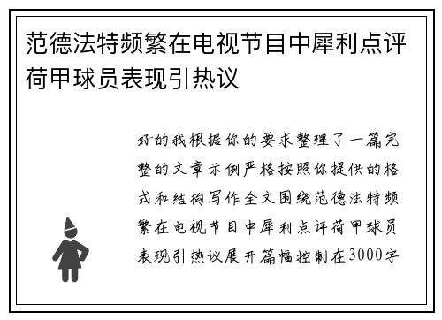 范德法特频繁在电视节目中犀利点评荷甲球员表现引热议