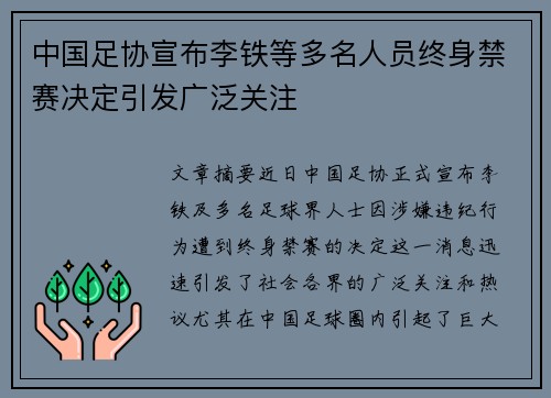 中国足协宣布李铁等多名人员终身禁赛决定引发广泛关注 中国足协宣布李铁等多名人员终身禁赛决定引发广泛关注